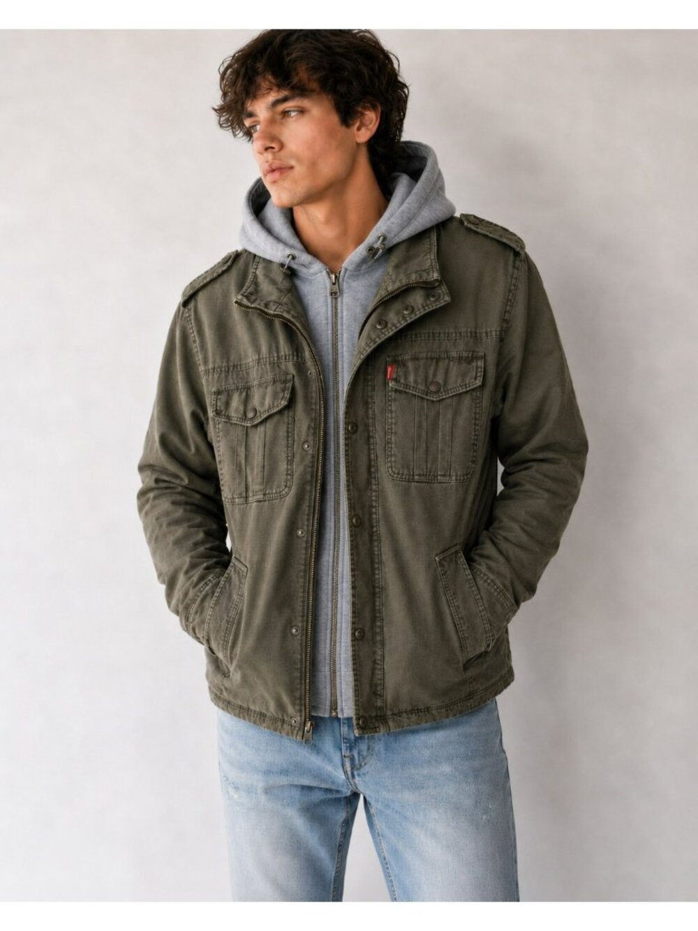 LEVI’S MEN’S OLIVE GREEN SHERPA LINED MILITARY FIELD JACKET REMOVABLE HOOD